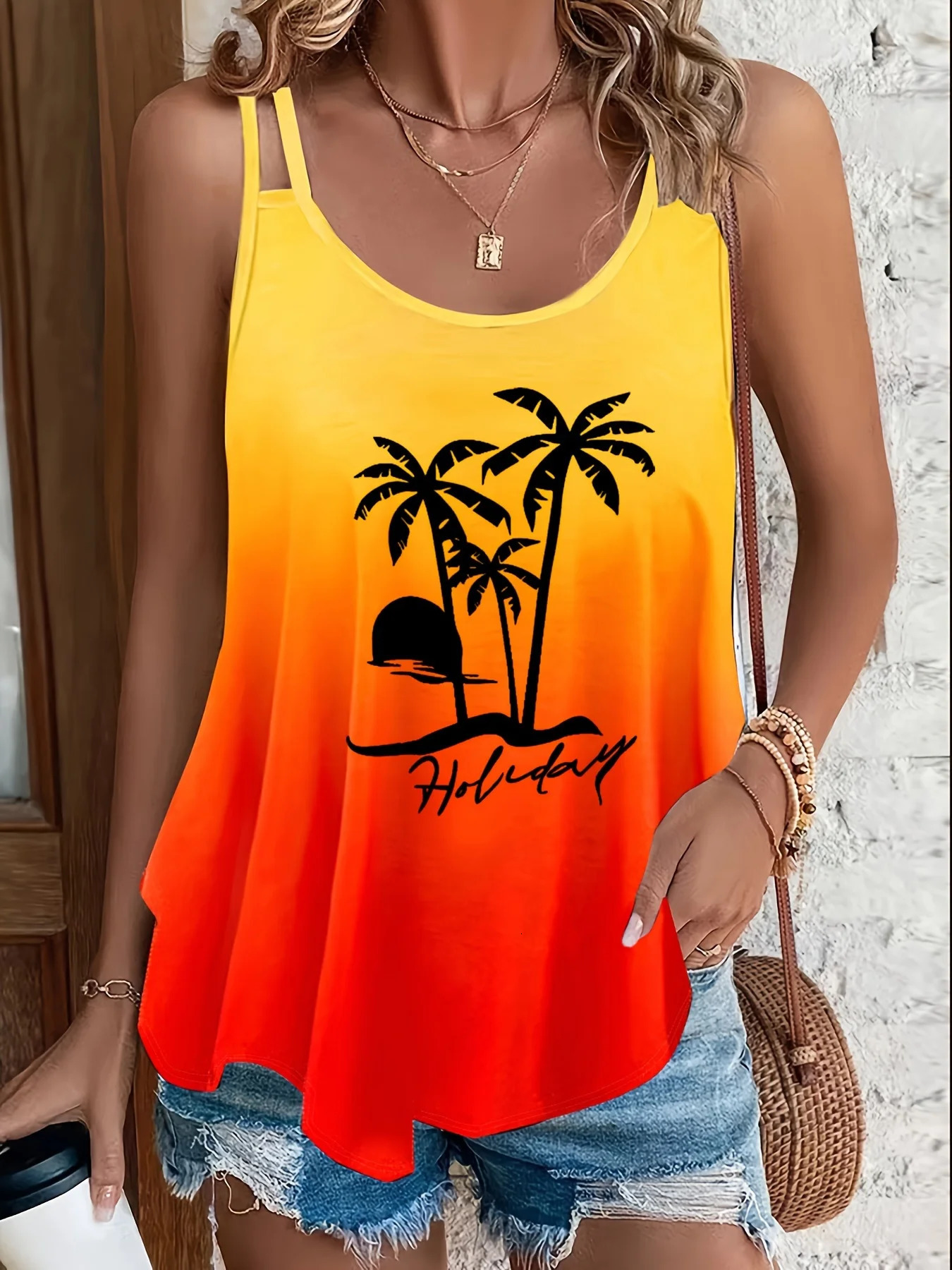 Plus Size Womens Summer Tank Top Gradient Sunset Palm Tree Print Sleeveless Casual Loose Fit Holiday Beachwear 250224