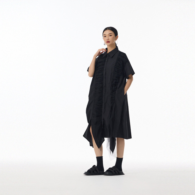 M7125 New Korean version of Yamamoto dark style patchwork short-sleeved shirt dress for women in summer thin niche design