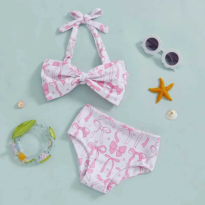 Girls 2-Piece Swimsuit Set with Cute Bow Print Halter Neck Bikini Top and Stretchy Shorts - Summer Beachwear for Kids X250224