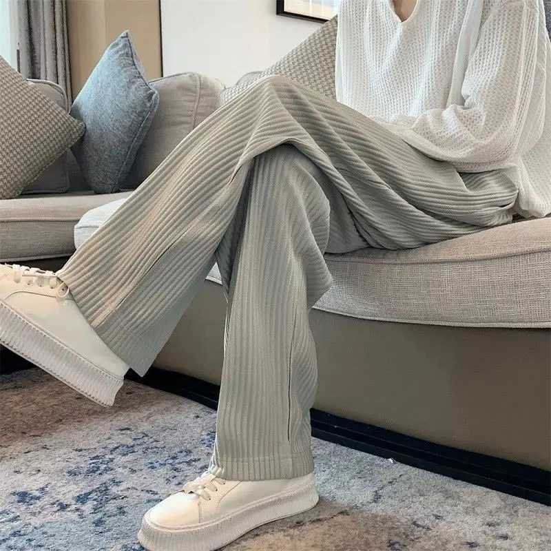 Trendy Lazy Wind Summer Casual Suit Pants Men Solid Striped Elastic Waist Pocket Fashion Versatile Straight Wide Leg Trousers W250225