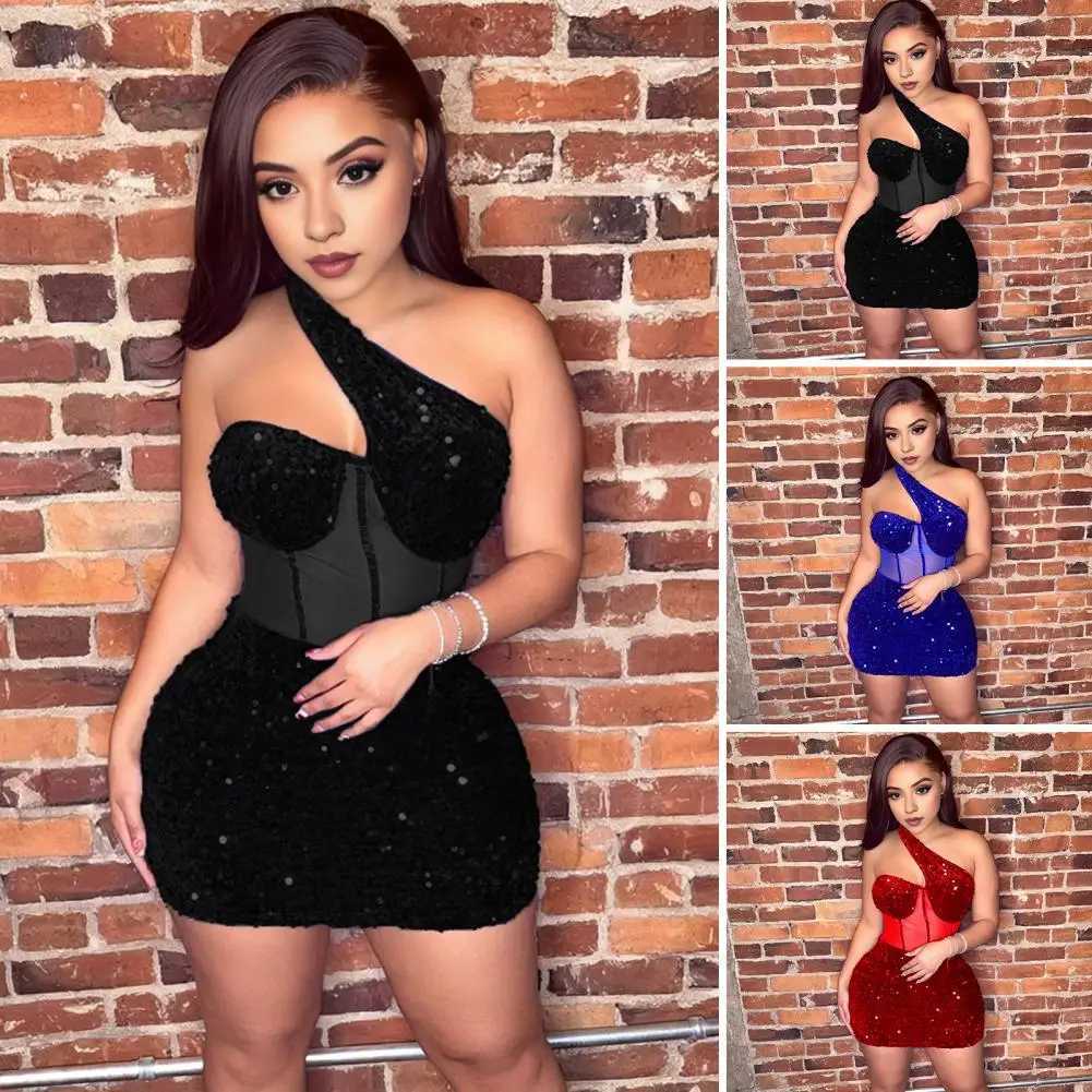 Short Sequin Dress With One Shoulder Sequin Mesh Mini Dress for Women Slim Fit Club Cocktail Party Prom Sheath DressXJ250224