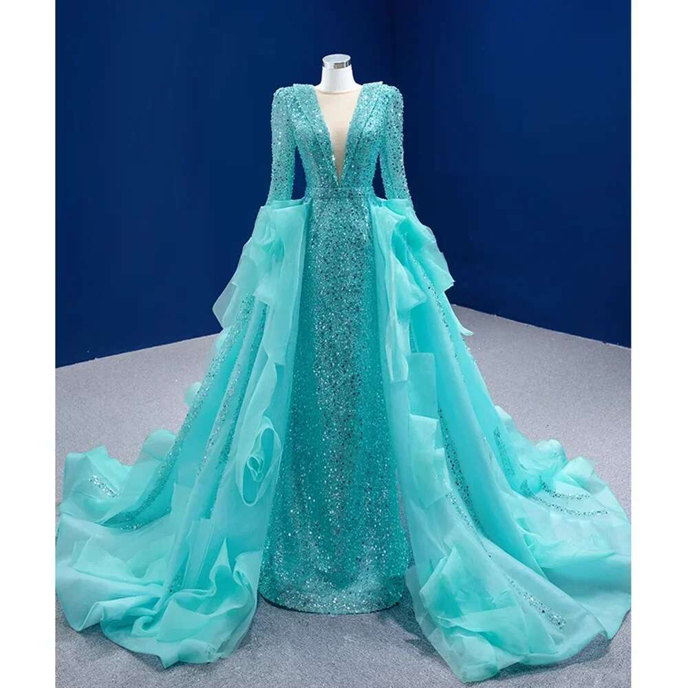 Exquisite Neckline V-neck Long Sleeves Evening Dress with Detachable Tail Chic Ruched Up Floor Mermaid Party Dresses Ball Gowns