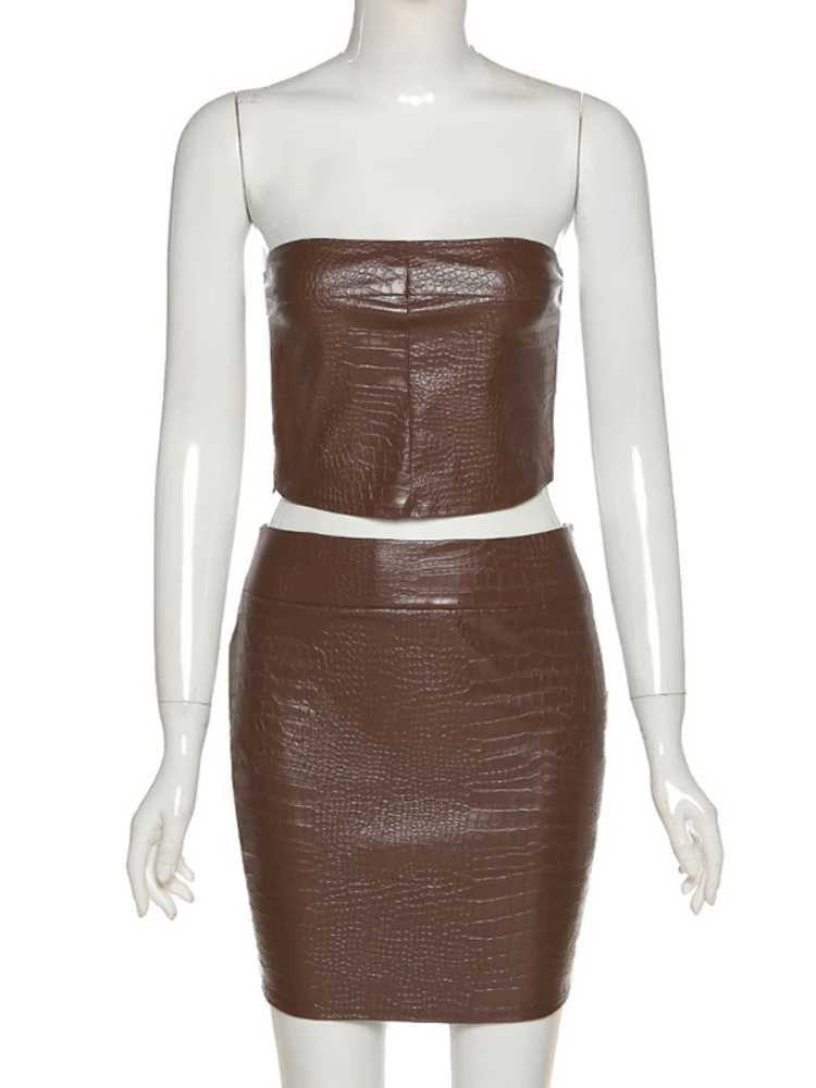 PU Imitation Leather Two Pieces Slim Bodycon Mini Dress Women Sveless Off Shoulder Skinny Evening Dress Club Party DressesXJ250224