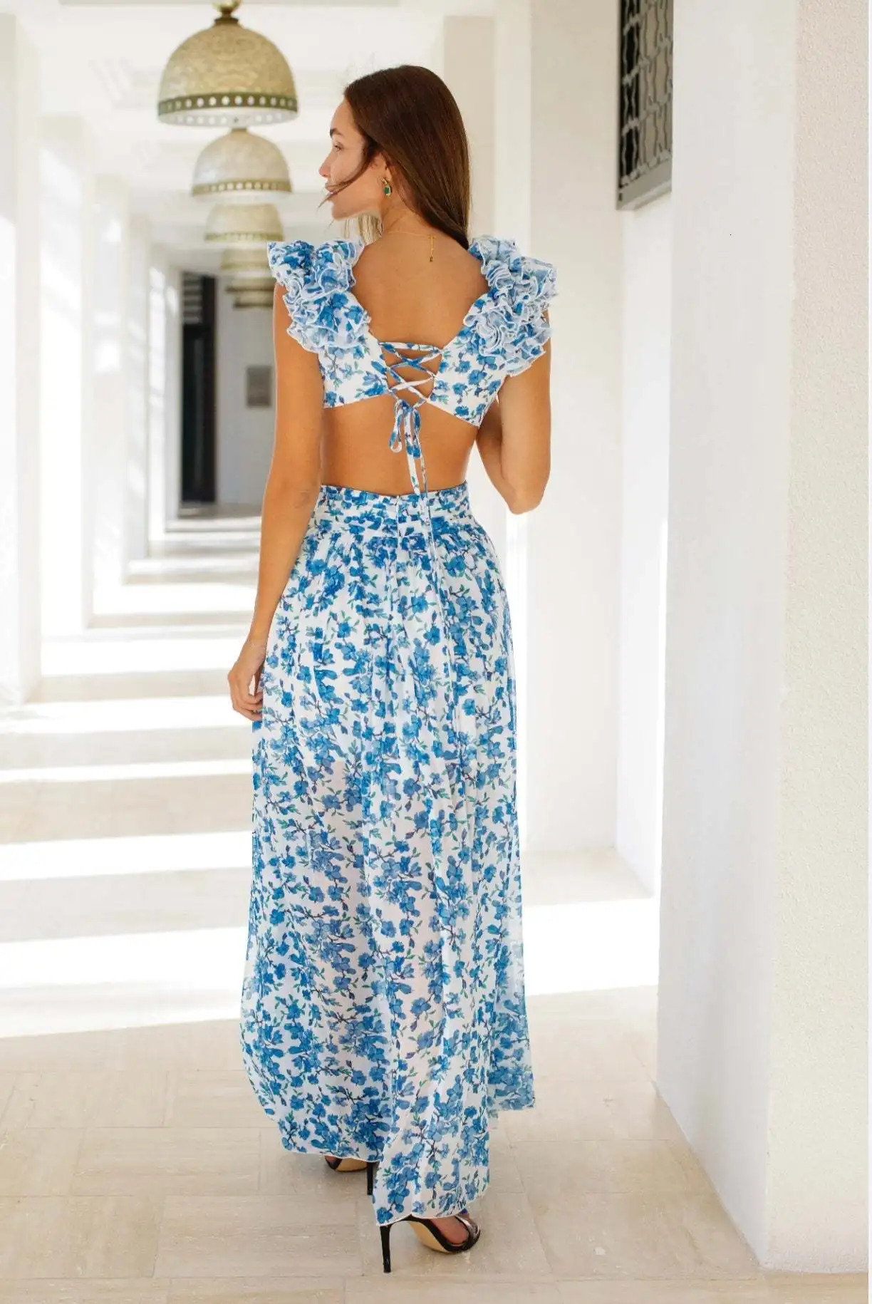 Fashion Sleeveless Hollowed Out Slim Fit Vneck Ruffle Trimmed Floral Backless Dress For Women3 Colors 250225