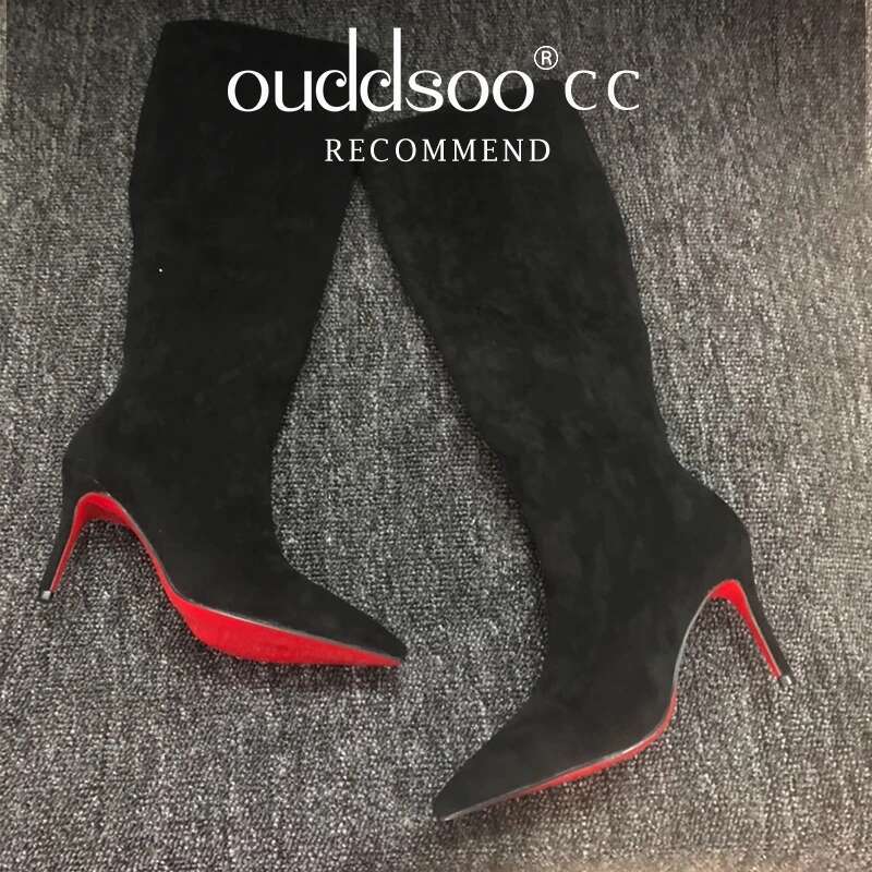 Ods Trend Brand Designers Stiletto Boots For Women Sexy Pointed Toe Pole Knee High Brown Black Leather Red Sole Botas 9Cm 414346