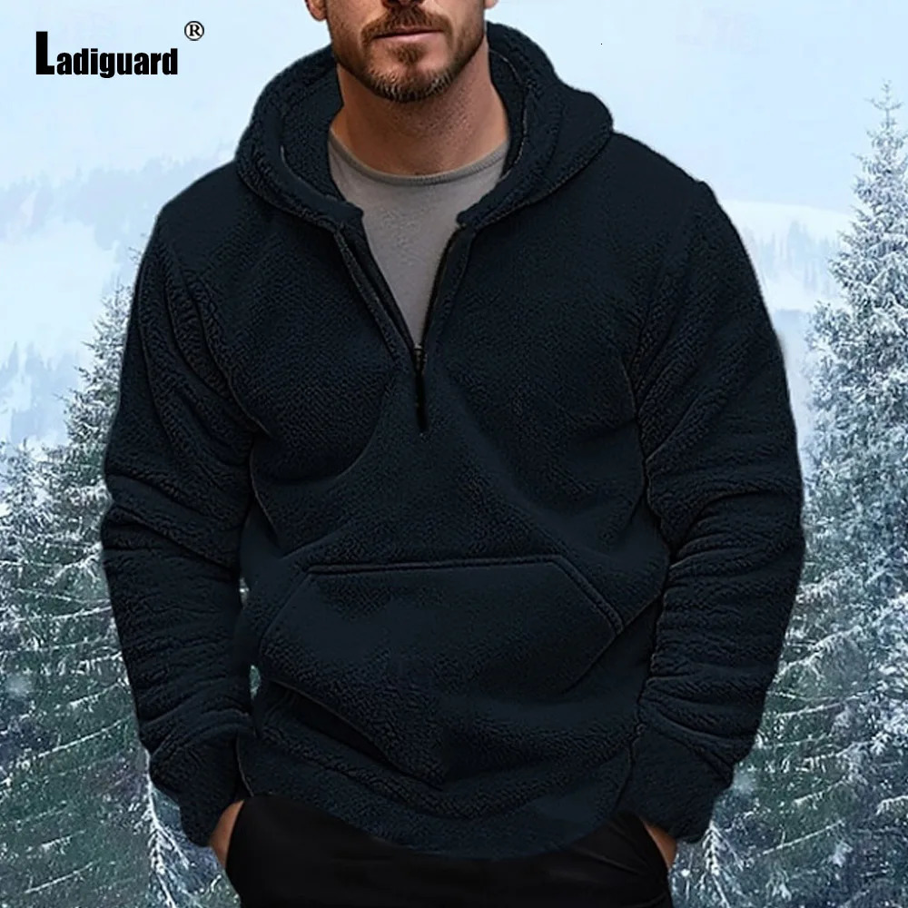 Winter Casual Plush Hoodies Mens Stand Pocket Sweatshirts European Style Fashion Zipper Sweatshirt Men Vintage Pullovers 250224