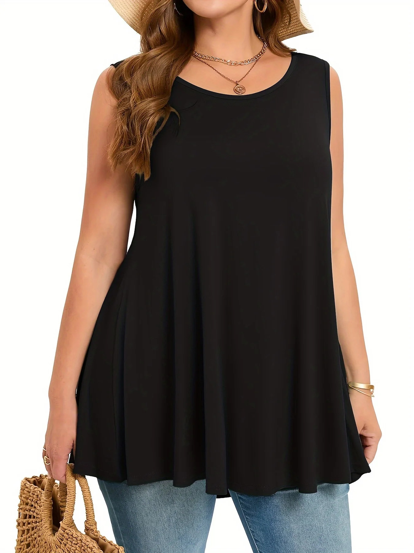 Womens Plus Size Simple Solid Tank Top Casual Crew Neck Sleeveless Tank Top with loose hem For Summer Clothing - Black 250224