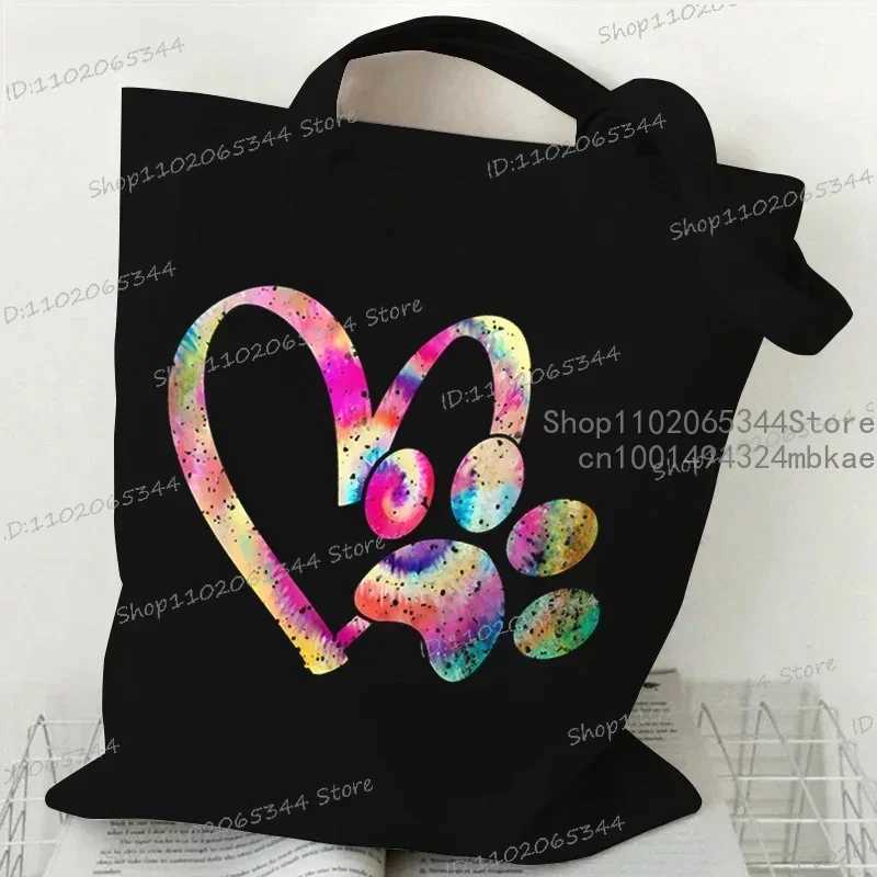 Colour Heart Dog PAW Pattern Canvas Tote Bag Women FAshion Y2K Shopping Bags Student Animal Lover Cartoon Shoulder Handbag Z250224