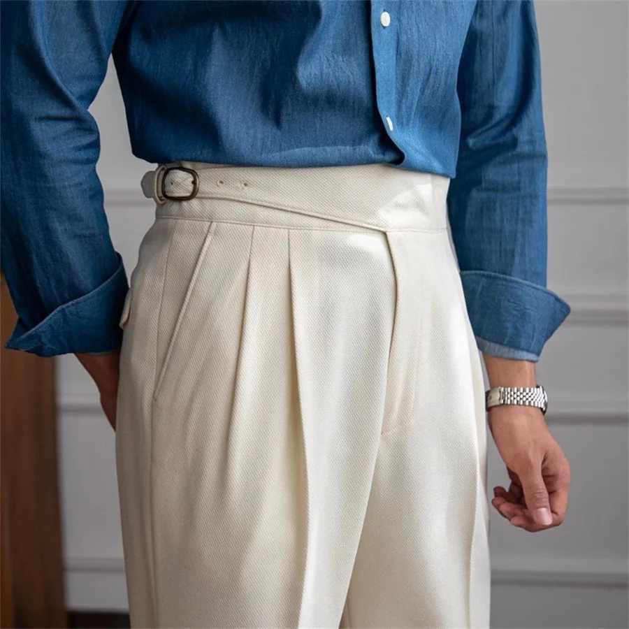 Mens Solid Color Suit Trousers Spring Trendy Belt High Waist Pants Male Business Office Fashion Pleated Straight Pants Streetwear W250225