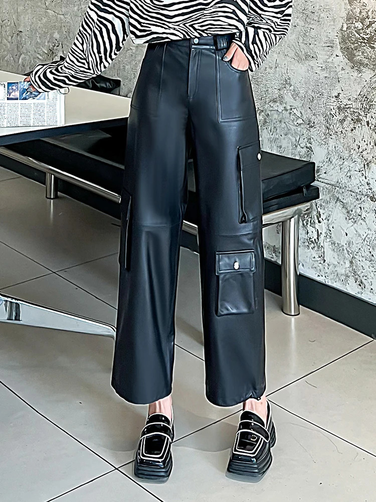 Adjustable hems wide leg leather pants for Women genuine leather pants Sheepskin loose safari style Radish pants Y4443 250224