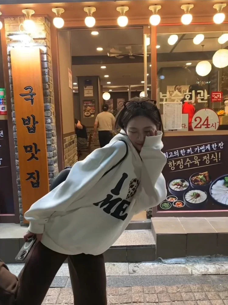 Women Hoodies Leopard Print Letters Hood White Hoodie Women Autumn and Winter Thickened Loose Pullover Sweater 250225