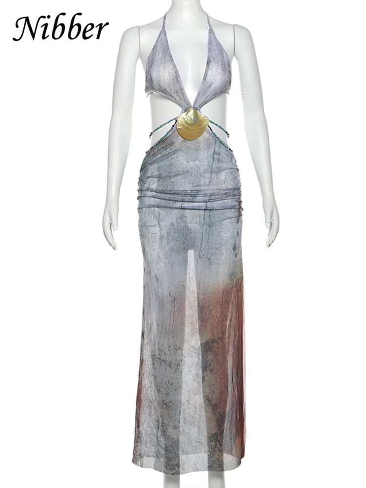 Nibber Pearl Shells Halter Dress Women See Thorough Summer Trend Backless Waistless Deep v-Neck Skinny Long Bodycon Vestidos 250225