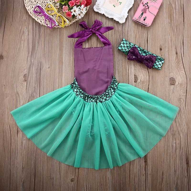 Babys Clothes Girls summer outfit set sleeveless lace mermaid jumpsuit tulle Tutu ski headband 2PCS casual beach outfit X250224