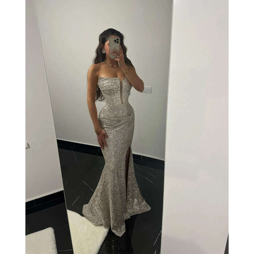Mermaid Prom Sier Dress Strapless Sequins Formal Evening Dresses Elegant Ogstuff Party Gowns For Special Ocns Split Robe De Soiree Es