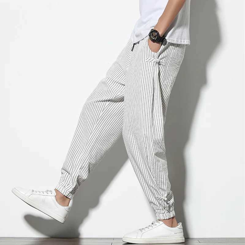 Spring and summer round buckle striped harem pants mens breathable cotton linen pencil pants buckle casual floral pants W250225