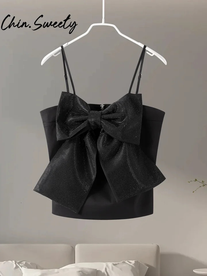 Sweet Sequined Bow Women Sling Top Sexy Sleeveless Backless Pleated Zippers Female Tank Tops 2025 Spring Lady Streetwear 250224