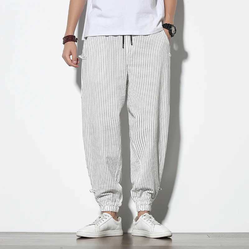 Spring and summer round buckle striped harem pants mens breathable cotton linen pencil pants buckle casual floral pants W250225