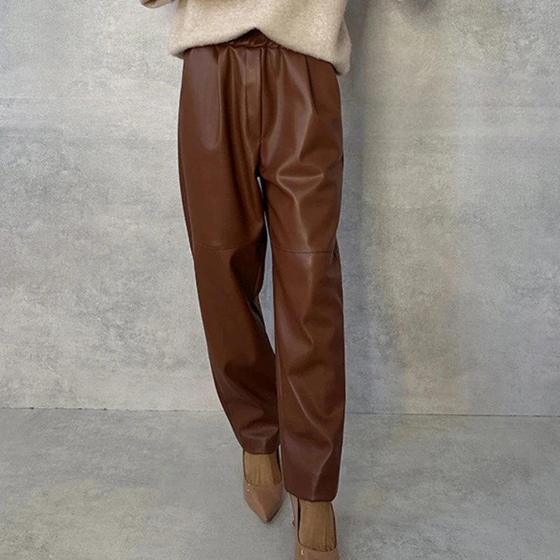 Streetwear Casual Solid PU Leather Pants for Women Spring Elastic Waist Pocket Trousers Autumn Straight Office Ladies Pants 250224