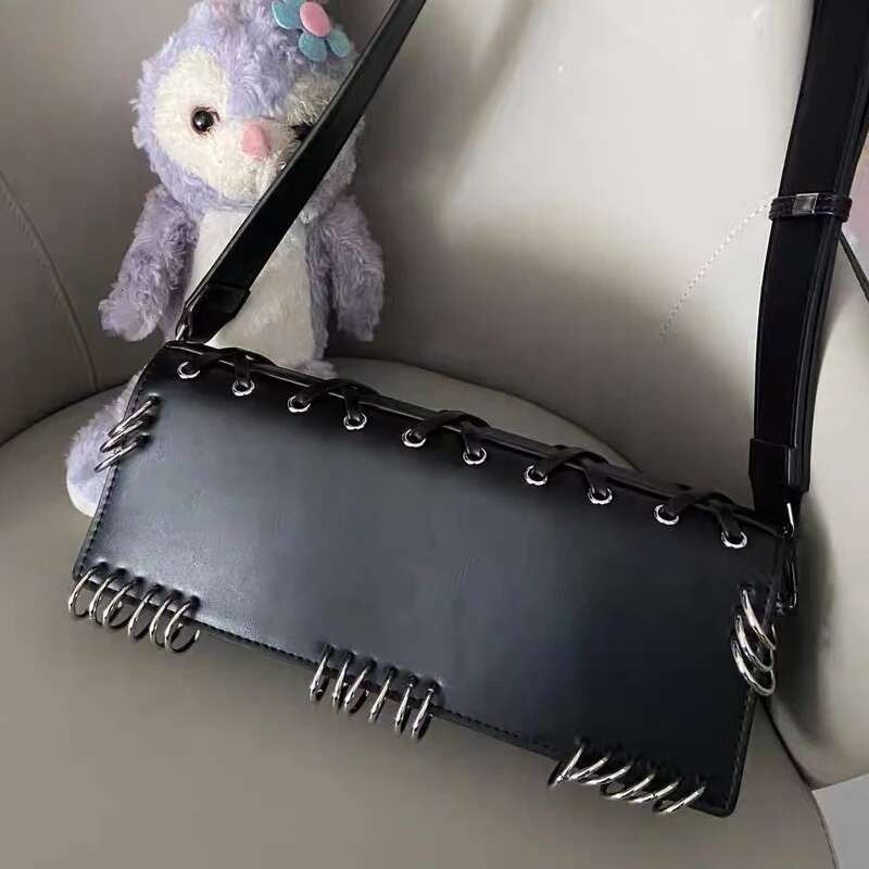 Moto & Biker Black Square Bags For Women Designer Handbags And Purse 2024 New In Long Style Round Ring Decorate Shoulder