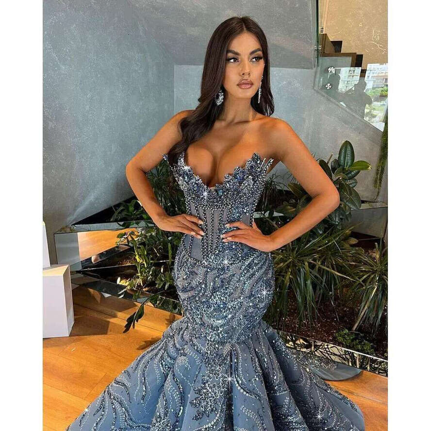 Crystal Sequined Beaded Mermaid Prom Dress Dia Strapless Formal Ocn Evening Dresses Custom Made 0717