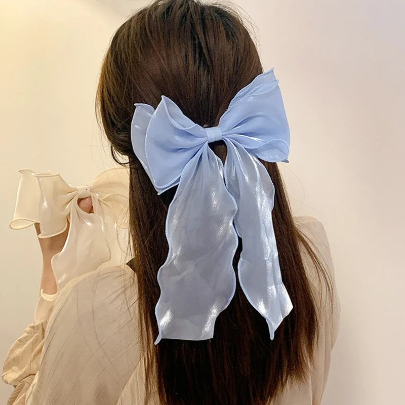 Sweet Chiffon Bow Hair Clips Girls Blue Shining Satin Bowknot Ribbon Barrette Hairpin Grip tail Clip Headwear 250218