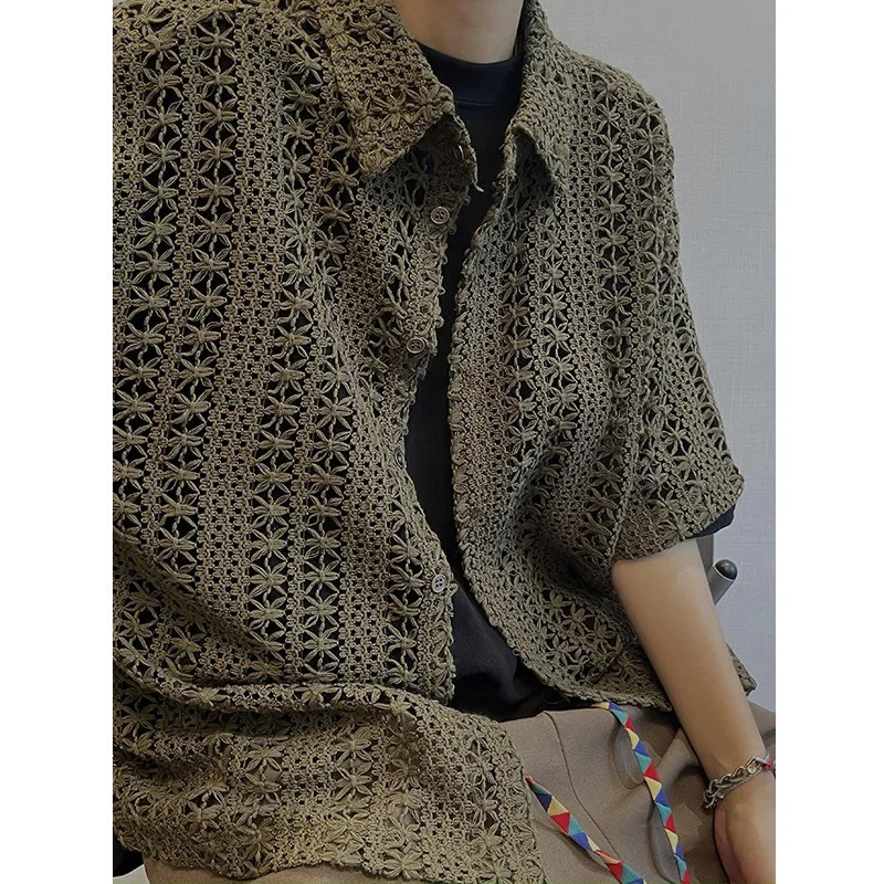 Dannyandzee Mens Loose-fit Vintage Distressed Green Hollow Breathable Short Sleeve Shirt Military Style Versatile Casual Wear 250222