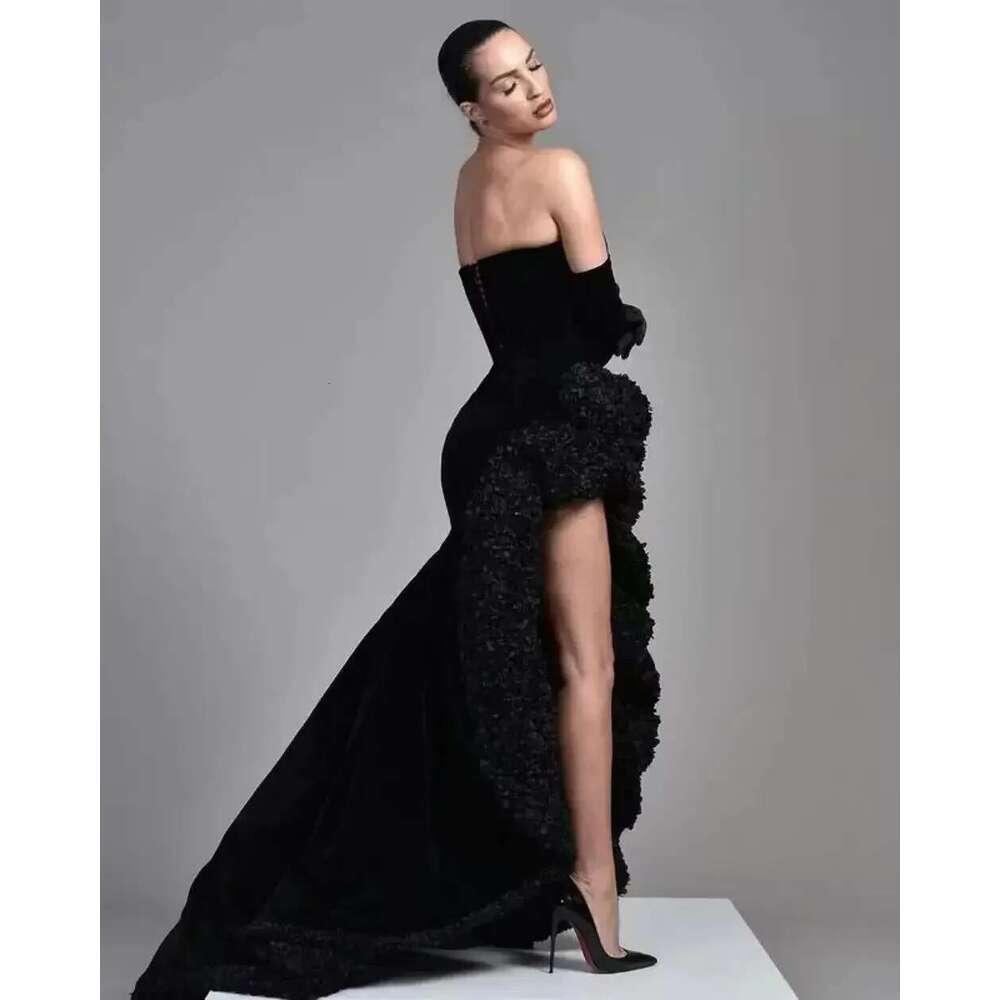 Black Velvet Sleeveless Evening Dresses Strapless Slit Side High Sexy Party Robes Special Banquet Dress
