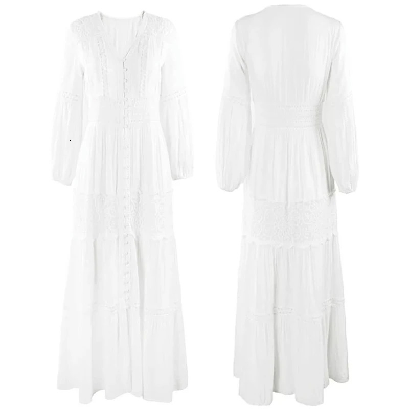 Womens Long White Dress V Neck Dark Lace Dresses Elegant Loose Boho Beach Summer Vintage Party Dresses lady Y2K 250222