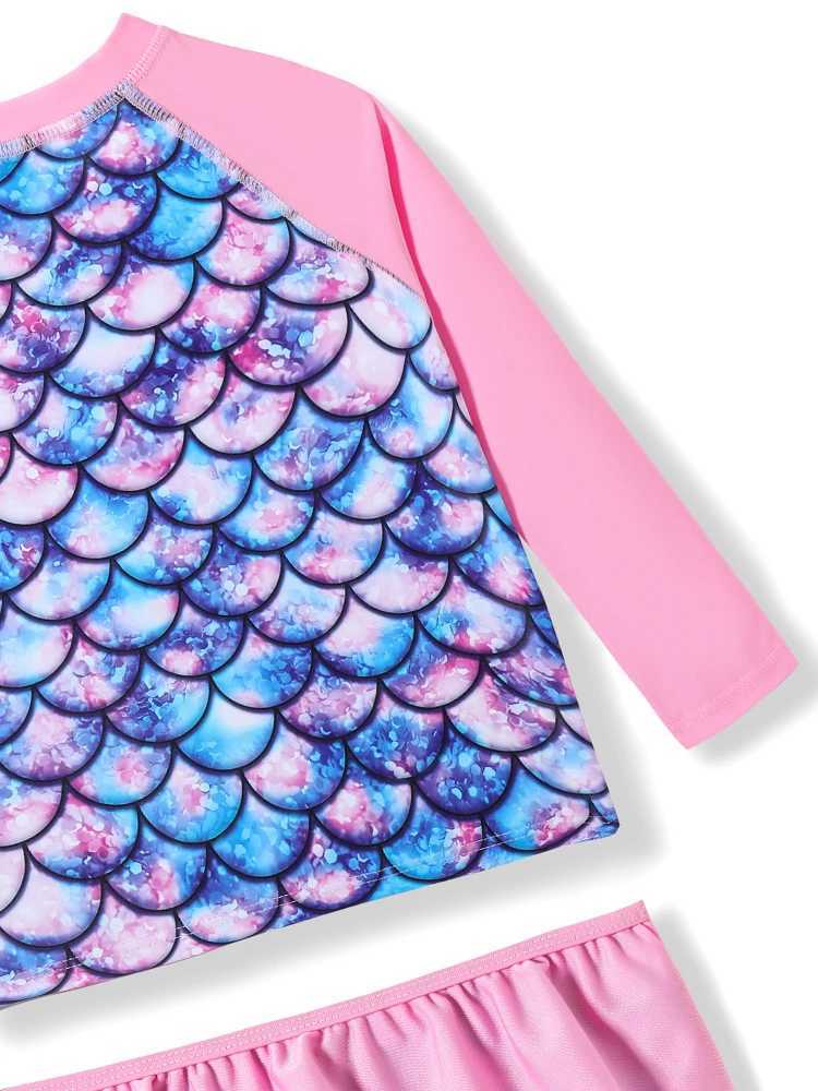 Girls Kids Swimsuit 2025 New Fish scale pattern Long Sleeves Children Swimwear Summer 2 Piece Shorts Beach Bathing Suit Swimming X250224
