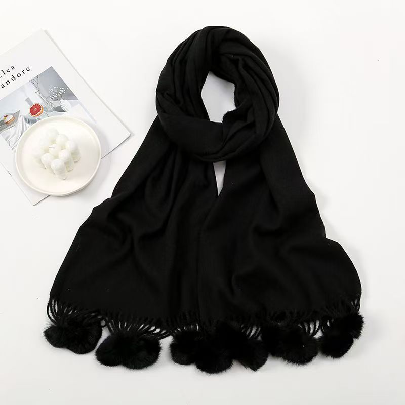 T174 autumn and winter new cashmere scarf women's solid color versatile tassel ball plus velvet thick warm neck scarf