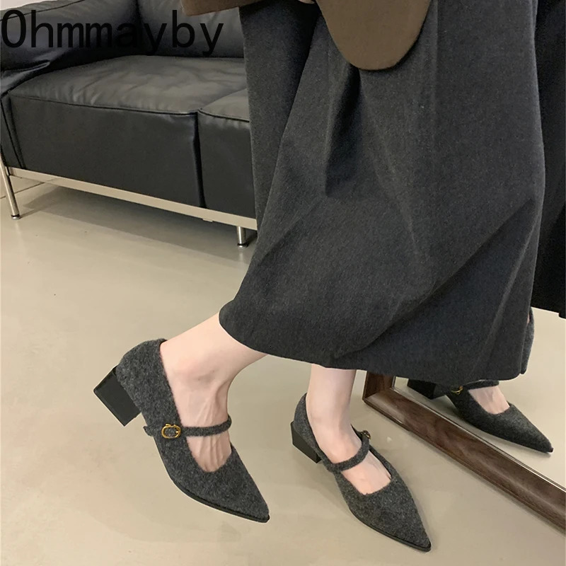 Winter Cotton Women Mary Jane Shoes Fashion Shallow Pointed Toe Shoes Concise Square Heels Shoes 250224