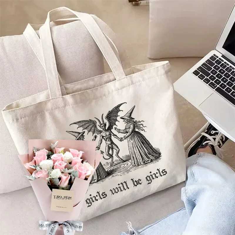 Girls Will Be Girls Witch Canvas Tote Bag Organizer New Large Capacity Travel Storage Shoulder Bag Handbag Halloween Spooky Gift Z250224