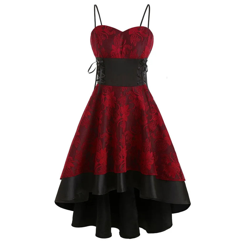 Womne Gothic Vintage Cami Bandage Dress Sexy Lace Up High Low Irregular Dress Chic Sleeveless Spaghetti Strap A-Line Dress 250222