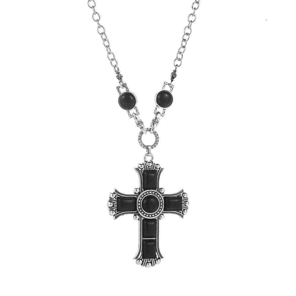 Exaggerated personality cross shaped necklace for women with multiple layers olloy inlaid turquoise sweater chain pendant jewelry