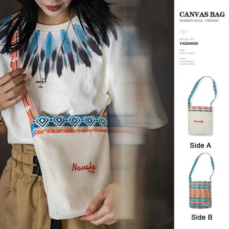Made Vintage Ethnic Canvas Bucket Bag Niche Double-sided Dual-use Single-shoulder Handbag Messenger Commuter Bags Crossbody Z250225