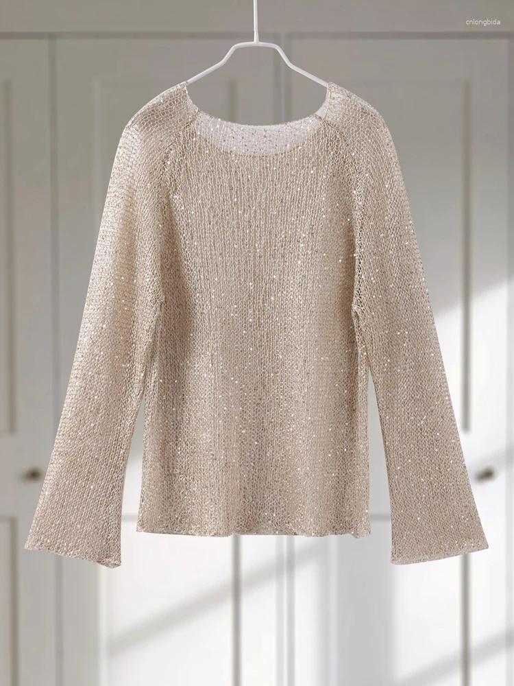 Women's Sweaters Fashion Sequin Knitted Hollow Out Sweater Women Elegant O-neck Loose Long Sleeve Knitting Top 2025 Spring Female Chic