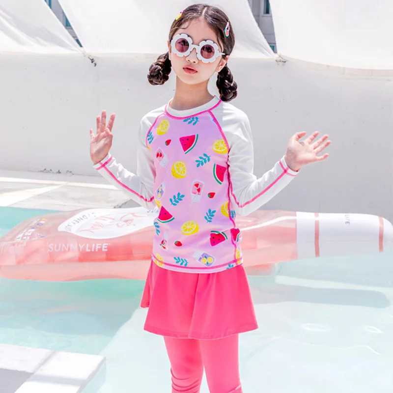 Korean girl sun protection quick drying swimsuit childrens swimsuit princess long sleeved trouser skirt two-piece swimsuit X250224