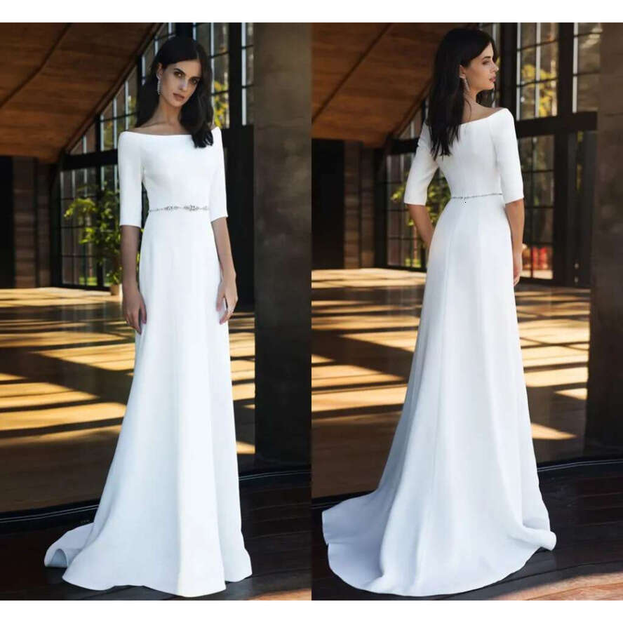 Simple Wedding Dress Boat Neck Half Sleeves Beading Sashes Or Length Long Bridal Gowms Vestido De Novia Mairee