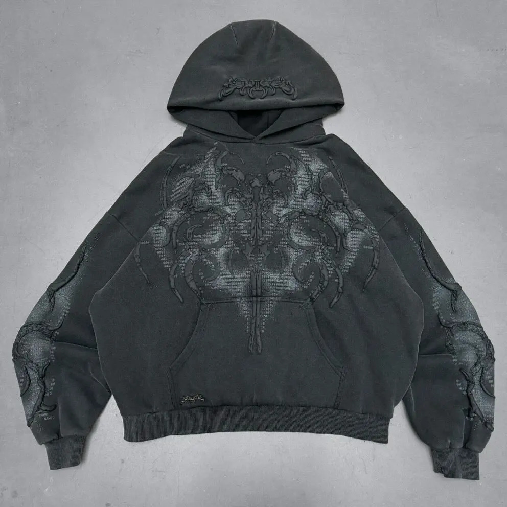 Y2k Gothic Style Mens Suit Black Print Zipper Hooded Sweatshirt Simple Cotton Hip Hop Large Size Loose Print Jogger Pants Unisex 250225