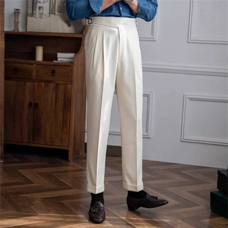 Mens Solid Color Suit Trousers Spring Trendy Belt High Waist Pants Male Business Office Fashion Pleated Straight Pants Streetwear W250225
