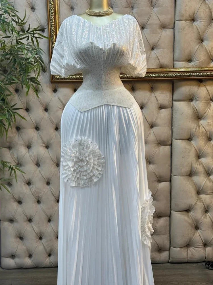 EGRM Fold 2piece Womens Fashion Vneck Short Sleeve Batwing Half Irregular Hemp Top3D Flower Aline Folding Skirt 6R81 250222