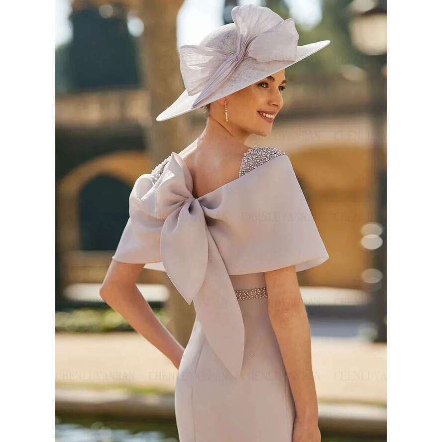 Pink Mother Of The Bride Dresses 2025 Soop Beading Pearls Bow Satin Sheath Ankle Length Wedding Guest Party Dress Plus Size Vestidos De Madrina