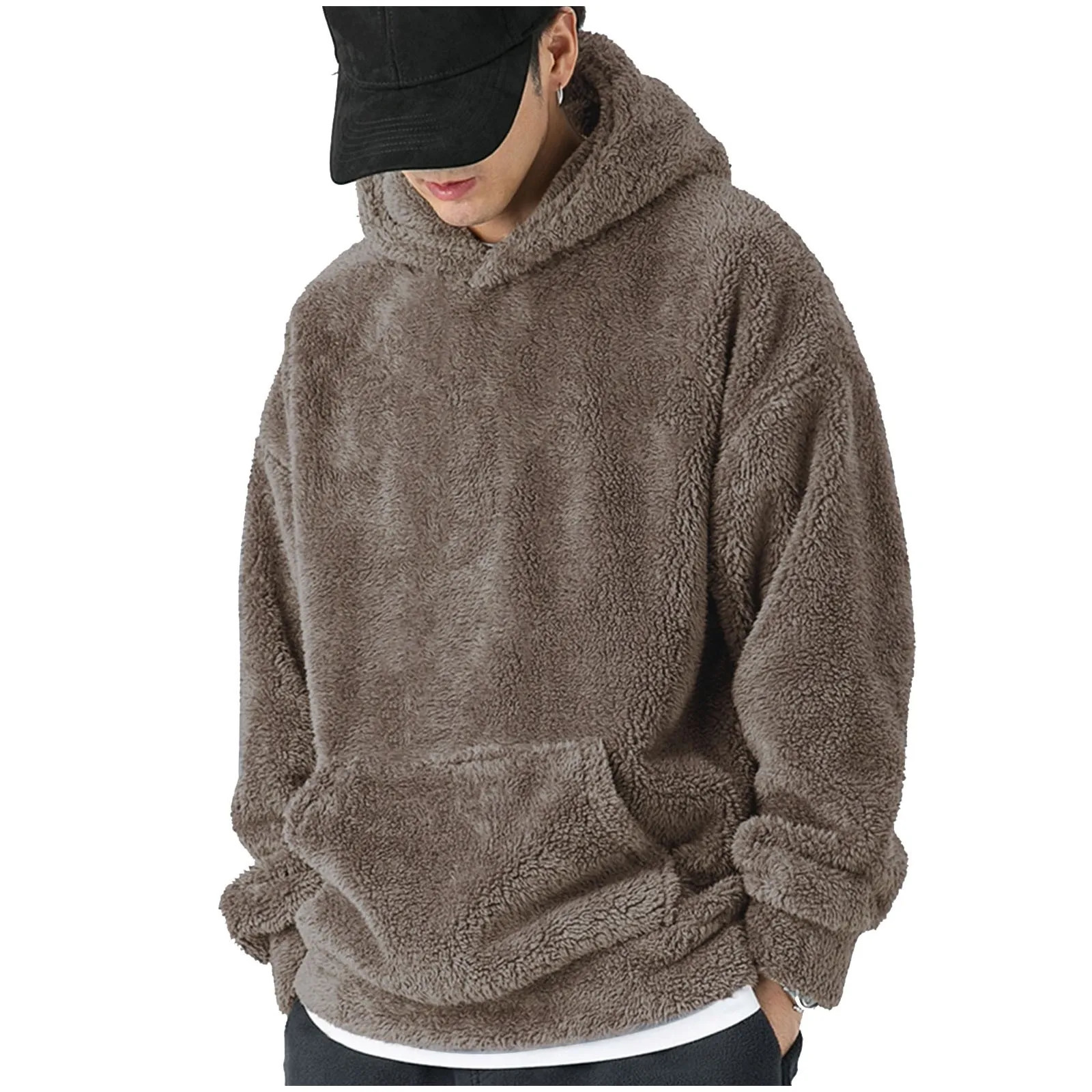 MenS Round Neck Long Sleeved Coral Fleece Hooded Sweatshirt Winter Warm Thickened Solid Color Oversized Hoodies 250224