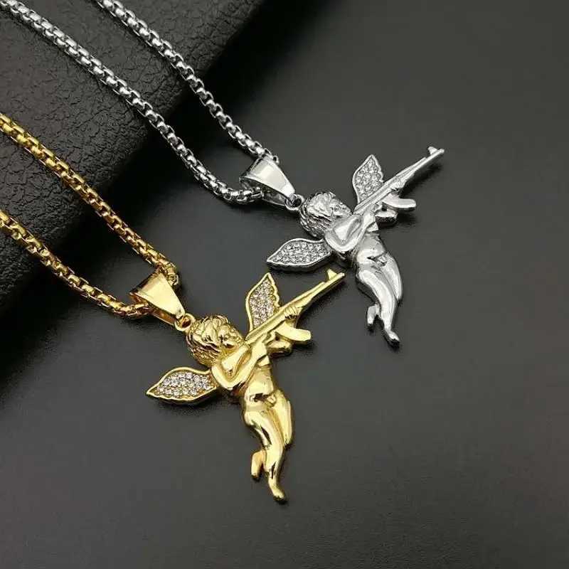 Hip-Hop and Out Crystal Zircon Angel Ak-47 Subhine Gun Pendant Necklace Mens Street Hip-Hop Rock Trend Jewelry X250224