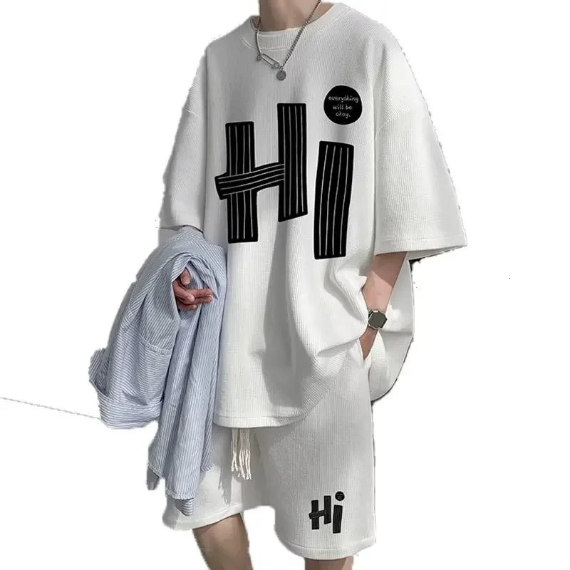 Casual Mens Summer T-Shirt Shorts Two-Piece Set Loose Fit Hong Kong Style Printed Plus Size Sportswear 250318