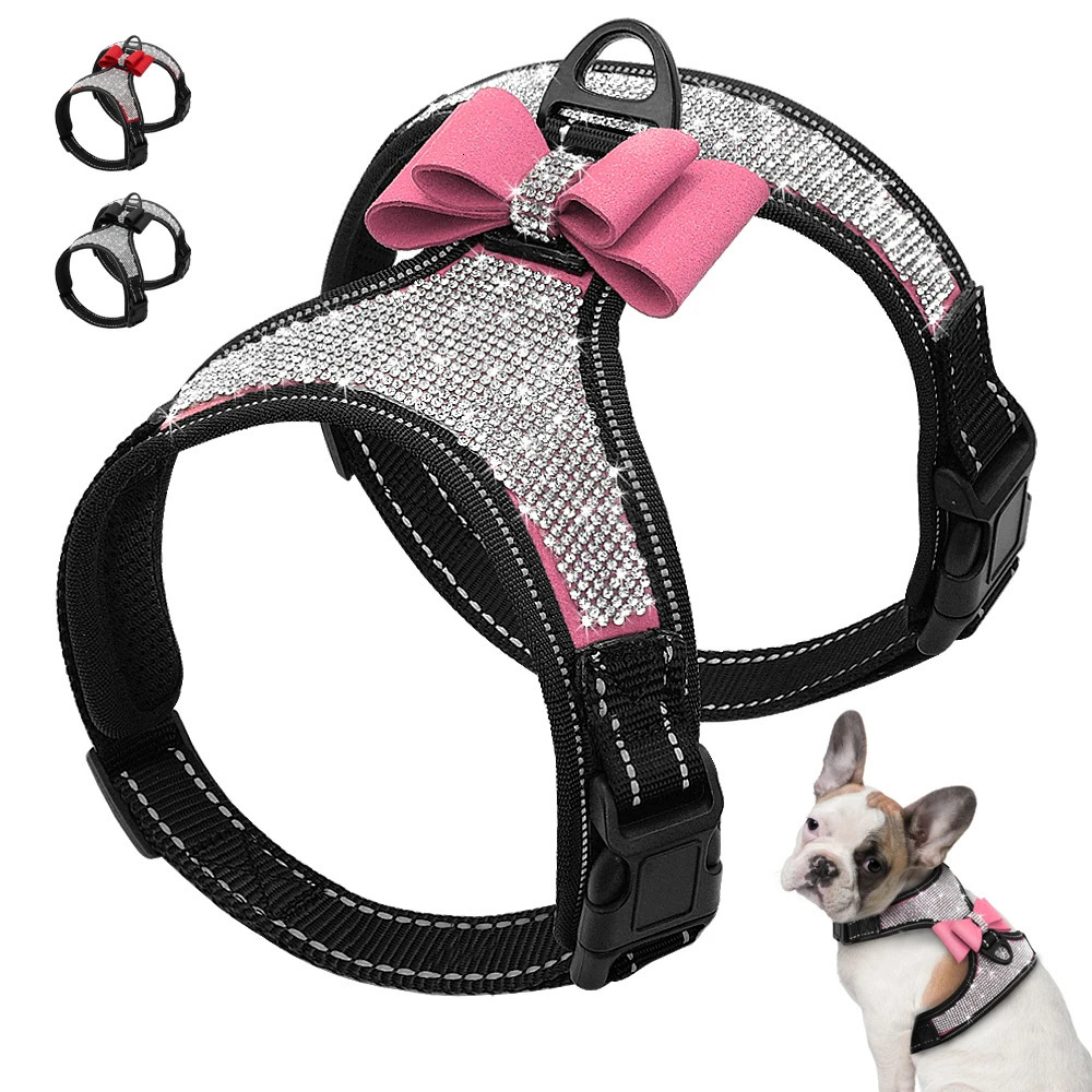 Reflective Dog Harness Nylon Pitbull Pug Small Medium Dogs Harnesses Vest Bling Rhinestone Bowknot Dog Accessories Pet Supplies 250224