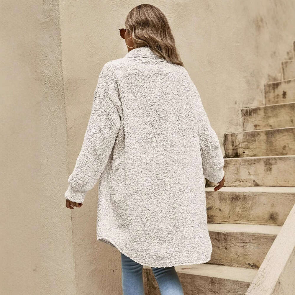 New European And American Winter Open Collar Plush Loose Temperament Long Coat For Women