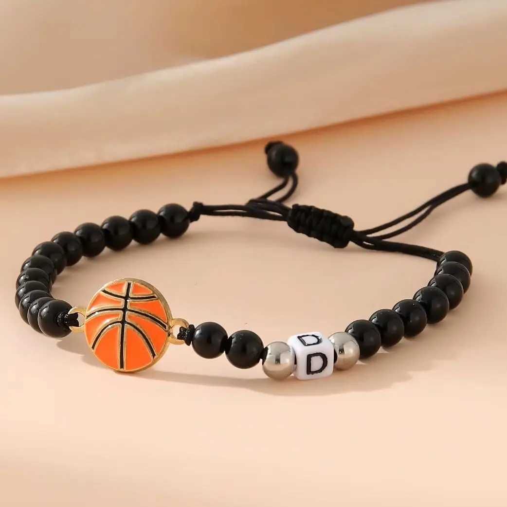 ZIRUISP New Basketball Black Shiny Beads Bracelets For Men And Women With 26 Name Initials A-Z Jewelry GiftsXJ250225