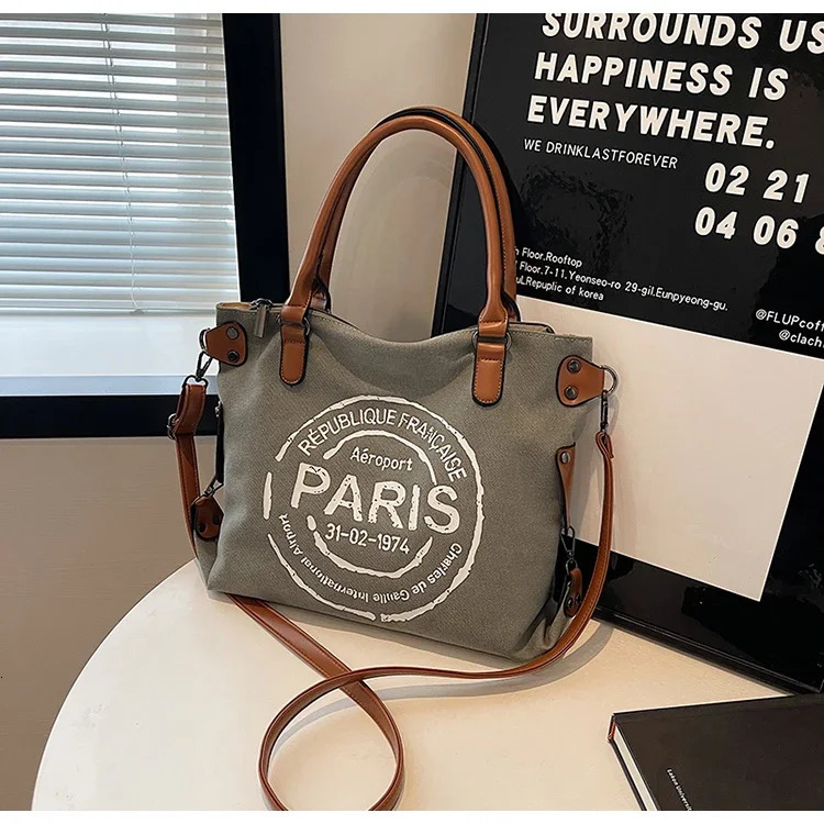 Large Retro Canvas Tote Bag Adjustable Shoulder Strap Vintage Paris Stamp Print Stylish Crossbody for Women 250221