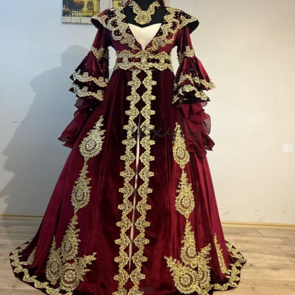Obsessed Burgundy Moroccan Evening Dress Turkish Arabian Kosovo Prom Dress Gold Lace Beaded Vestio De Novia Engagement Vestido De Casamento 2025 Forma